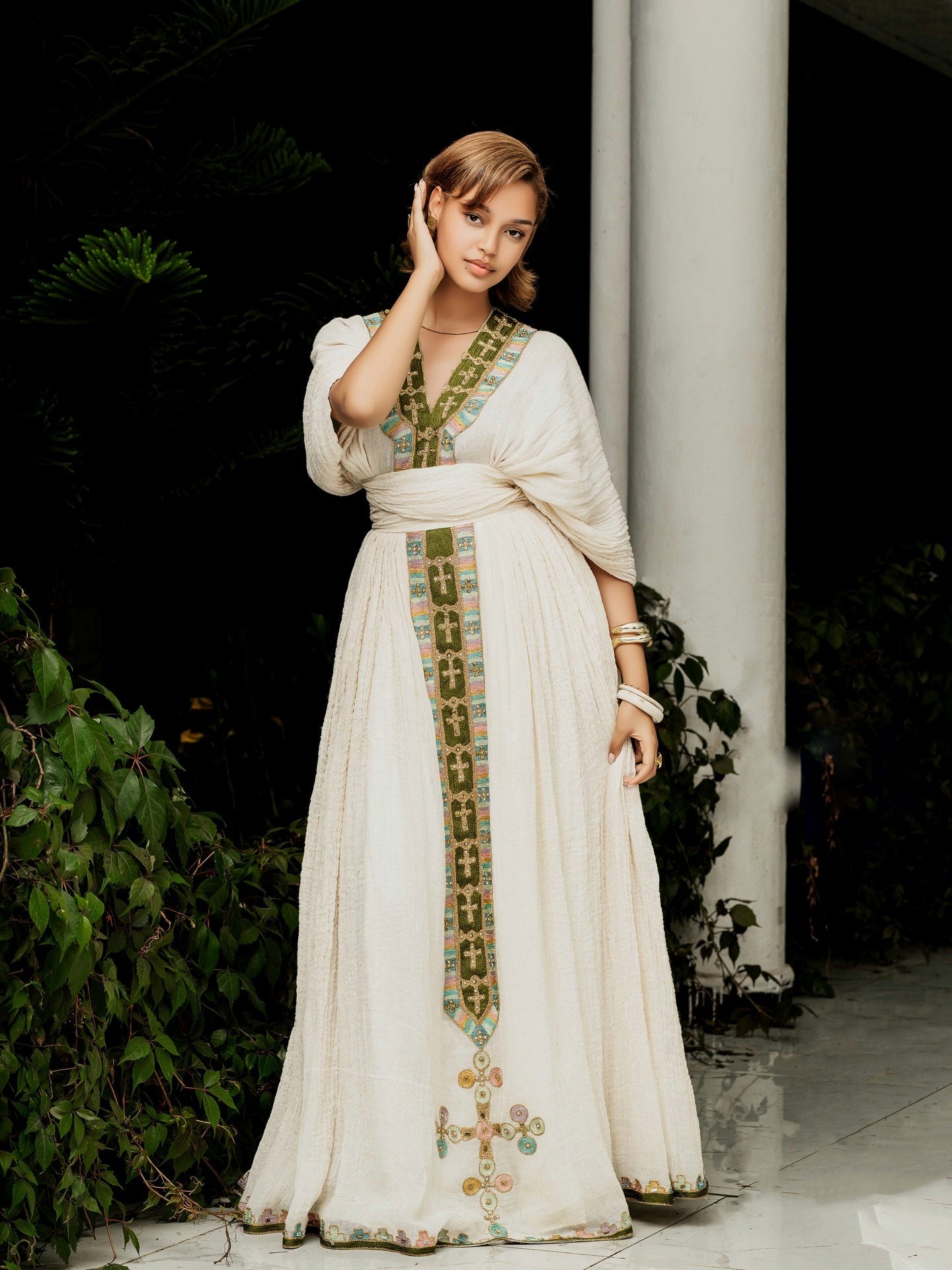 V Neck Habesha Dress Cross Embroidery | Ethiopian Kemis