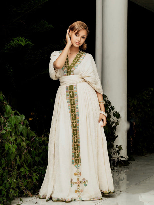 V Neck Habesha Dress Cross Embroidery | Ethiopian Kemis