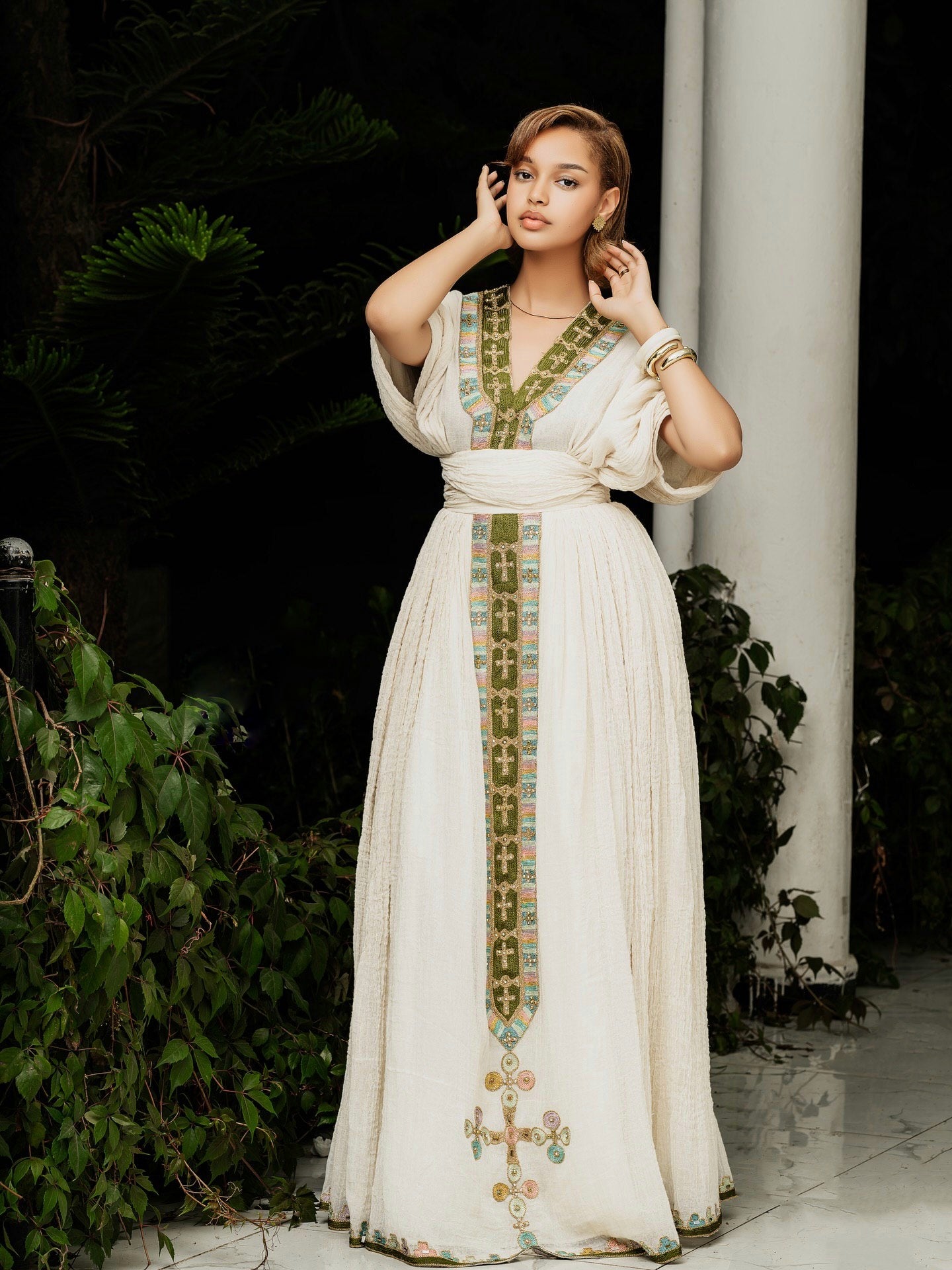 V-Neckline Habesha Dress Cross Embroidery Ethiopian Clothing Vibrant Habesha Kemis 633