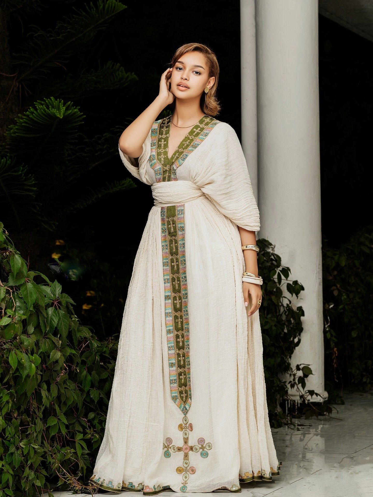 V-Neckline Habesha Dress Cross Embroidery Ethiopian Clothing Vibrant Habesha Kemis 633