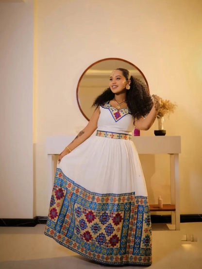 Sleeveless Habesha Kemis Online Blue Red Ethiopian Dress