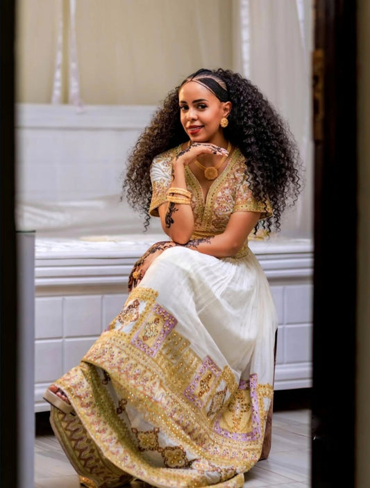 Golden Embroidery Habesha Dress  Elegant Ethiopian Wedding Style