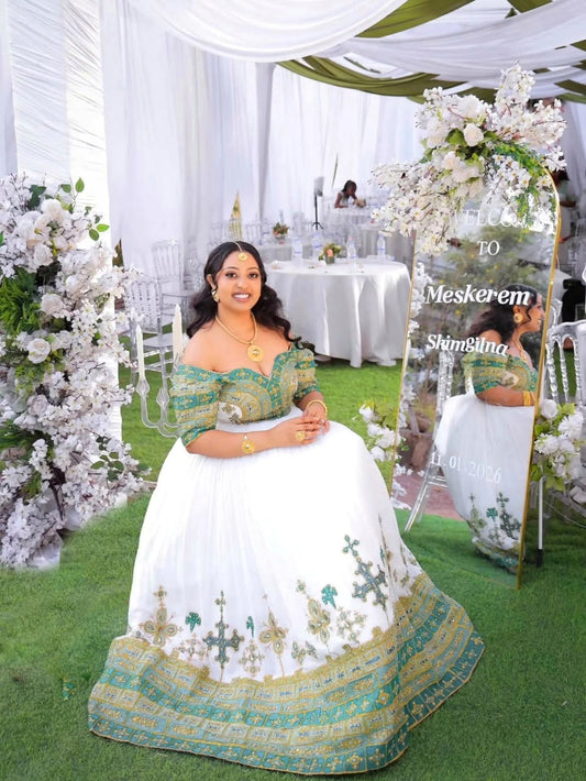 Off-Shoulder Habesha Dress Green and Gold Embroidery