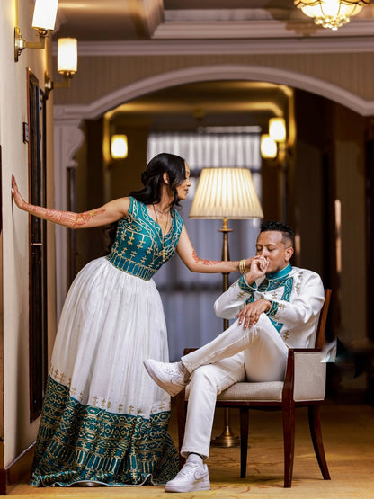 Habesha Couples Outfit Green Embroidery Matching Set Timeless Ethiopian Clothing For Couple's 664