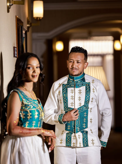 Habesha Couples Outfit Green Embroidery Matching Set Timeless Ethiopian Clothing For Couple's 664