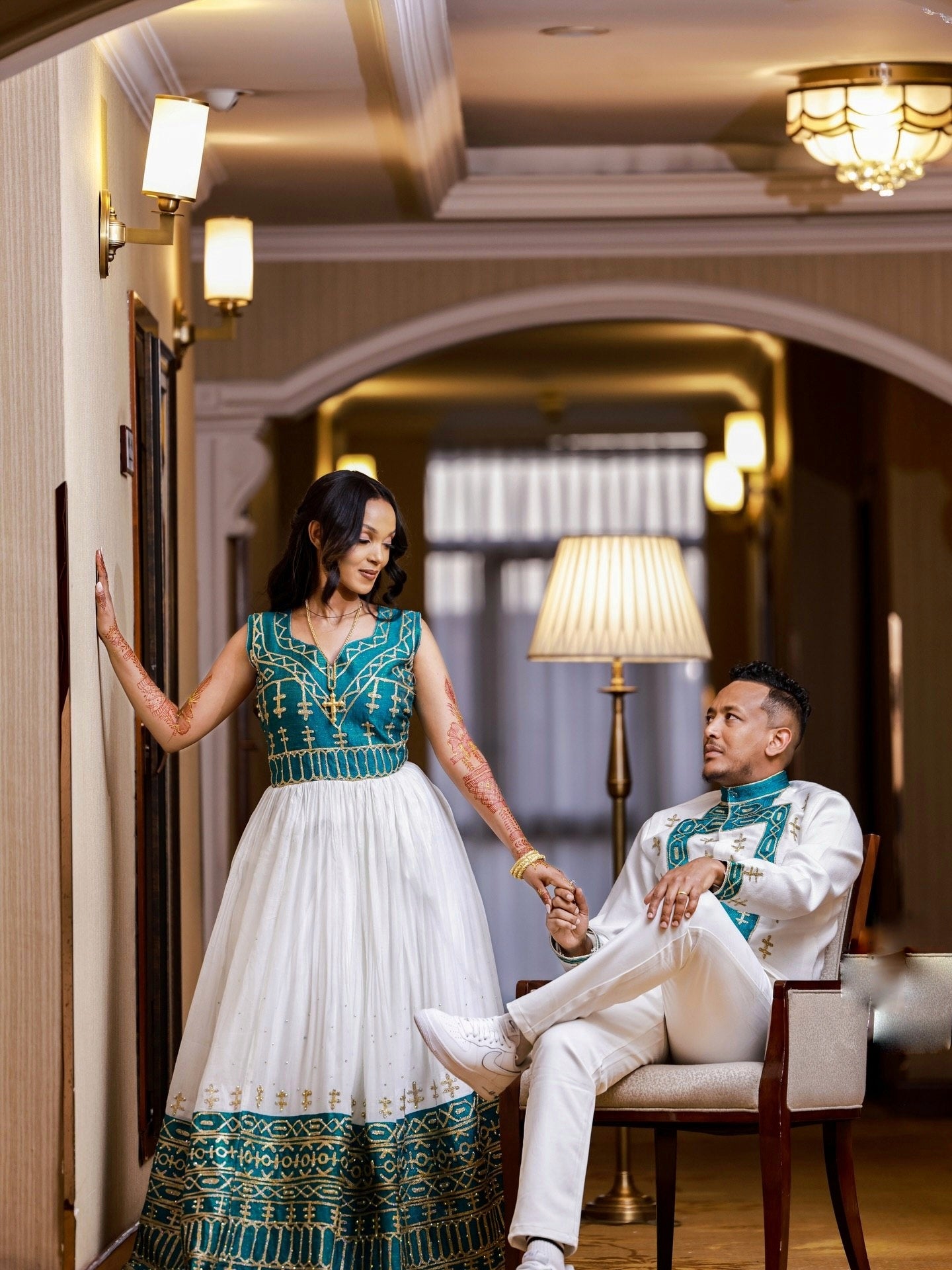 Habesha Couples Outfit Green Embroidery Matching Set Timeless Ethiopian Clothing For Couple's 664