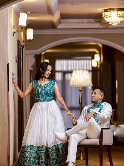 Habesha Couples Outfit Green Embroidery Matching Set Timeless Ethiopian Clothing For Couple's 664