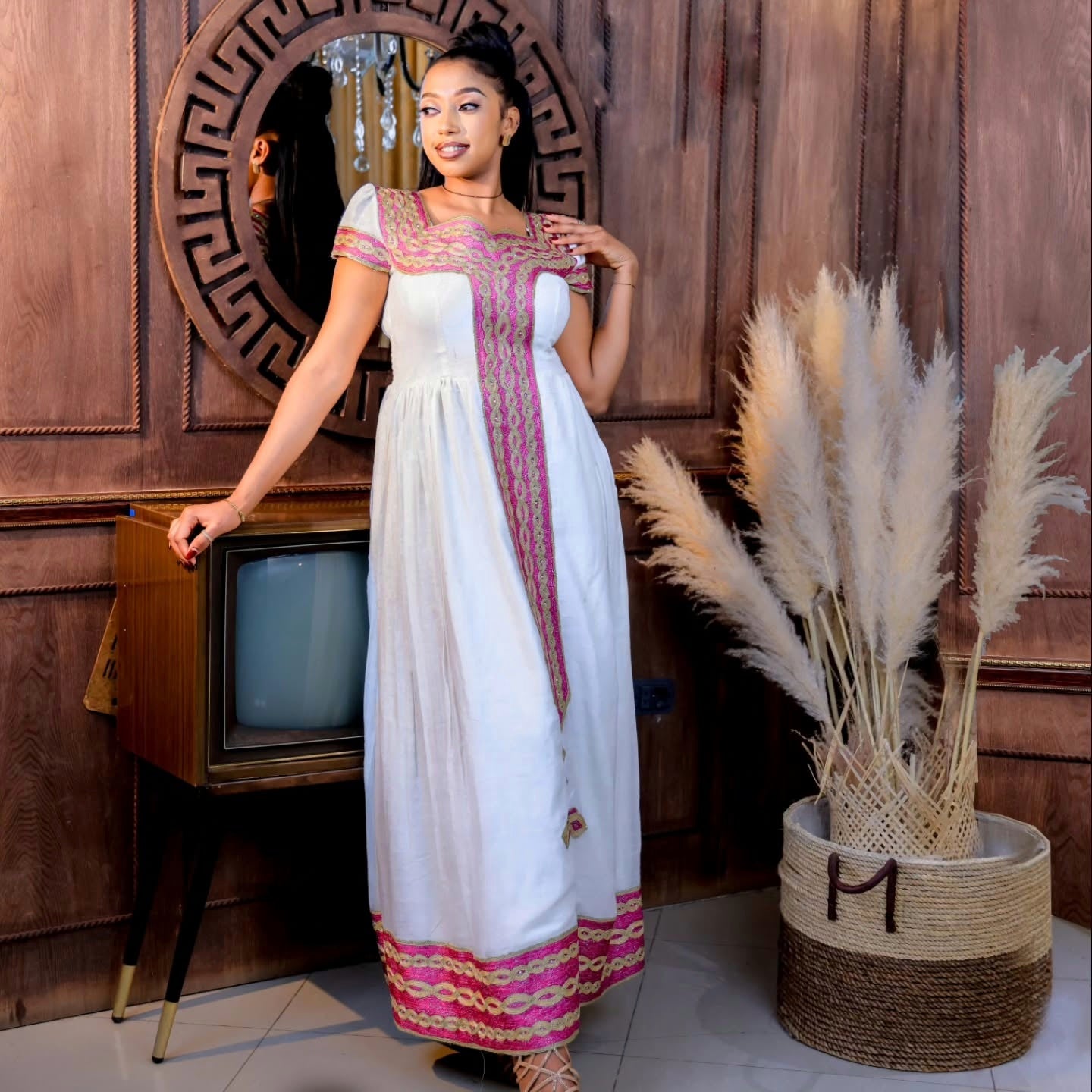 Red and Golden Woven Habesha Dress Short Sleeve Ethiopian Dress