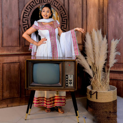 Red and Golden Woven Habesha Dress Short Sleeve Ethiopian Dress Timeless Ethiopian Clothing 687