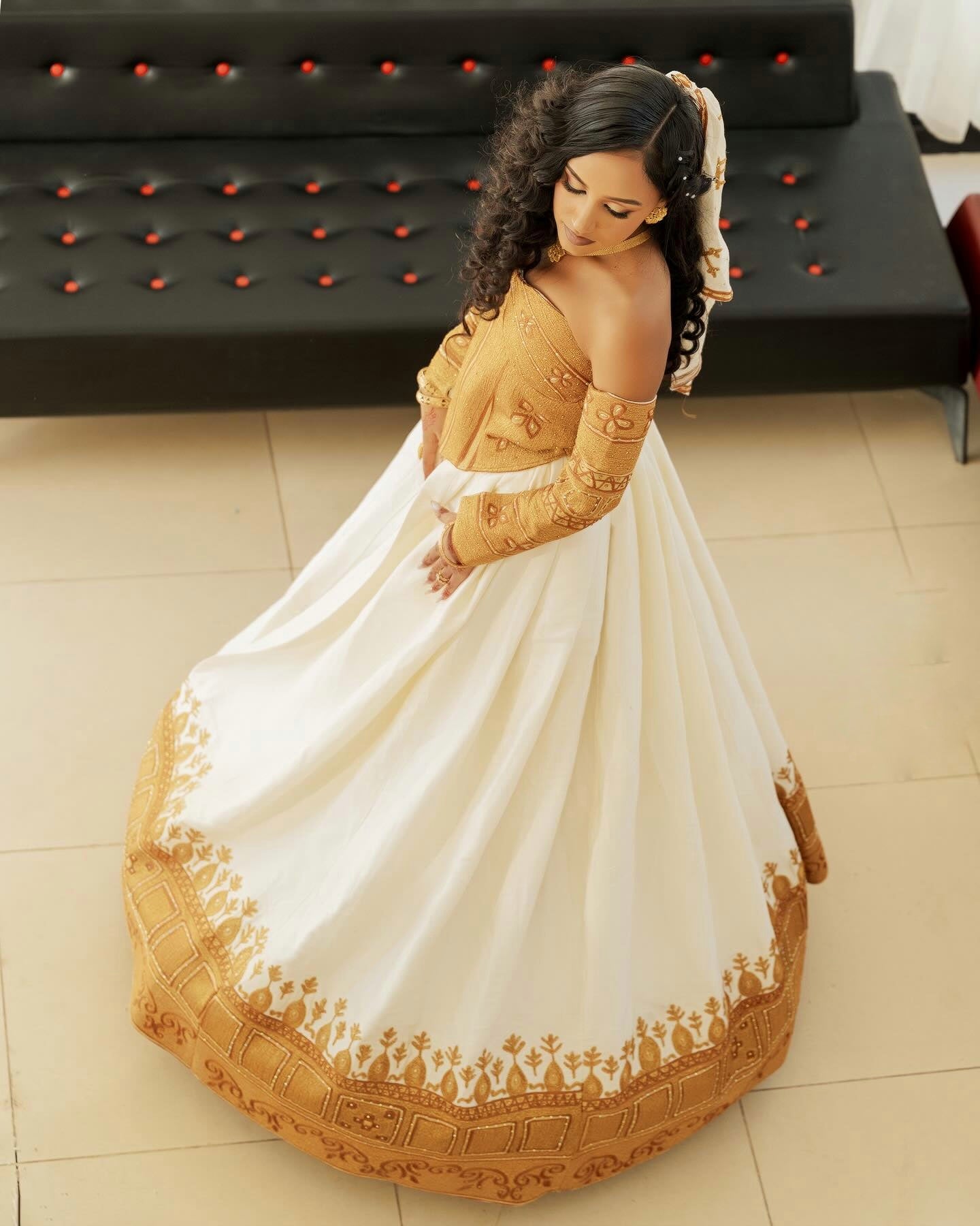 Strapless Habesha Dress Golden Embroidery Habesha Kemis Graceful Ethiopian Wedding Dress 694