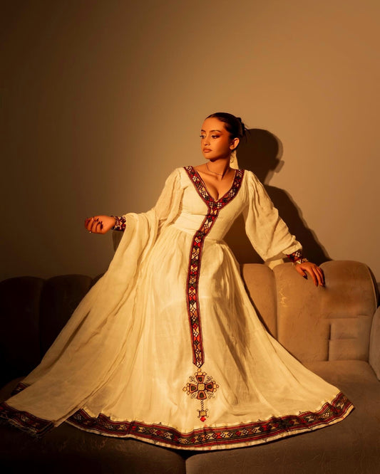 Long Sleeve Habesha Dress with Multicolor Embroidery Ethiopian Dress