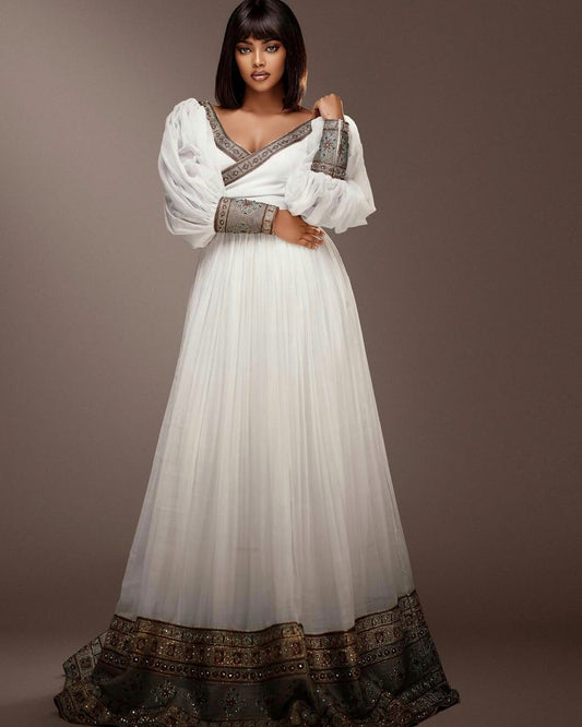 Elegant Ethiopian Clothing Puff Sleeve Habesha Kemis & Habesha Dress Design