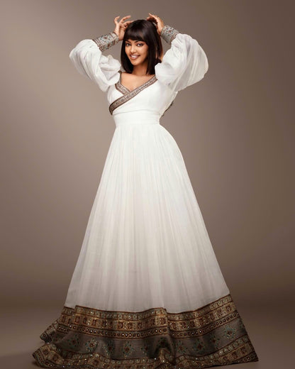 Puff Sleeve Ethiopian Clothing Elegant Habesha Kemis & Habesha Dress with Graceful Design 744