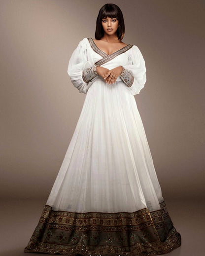Puff Sleeve Ethiopian Clothing Elegant Habesha Kemis & Habesha Dress with Graceful Design 744