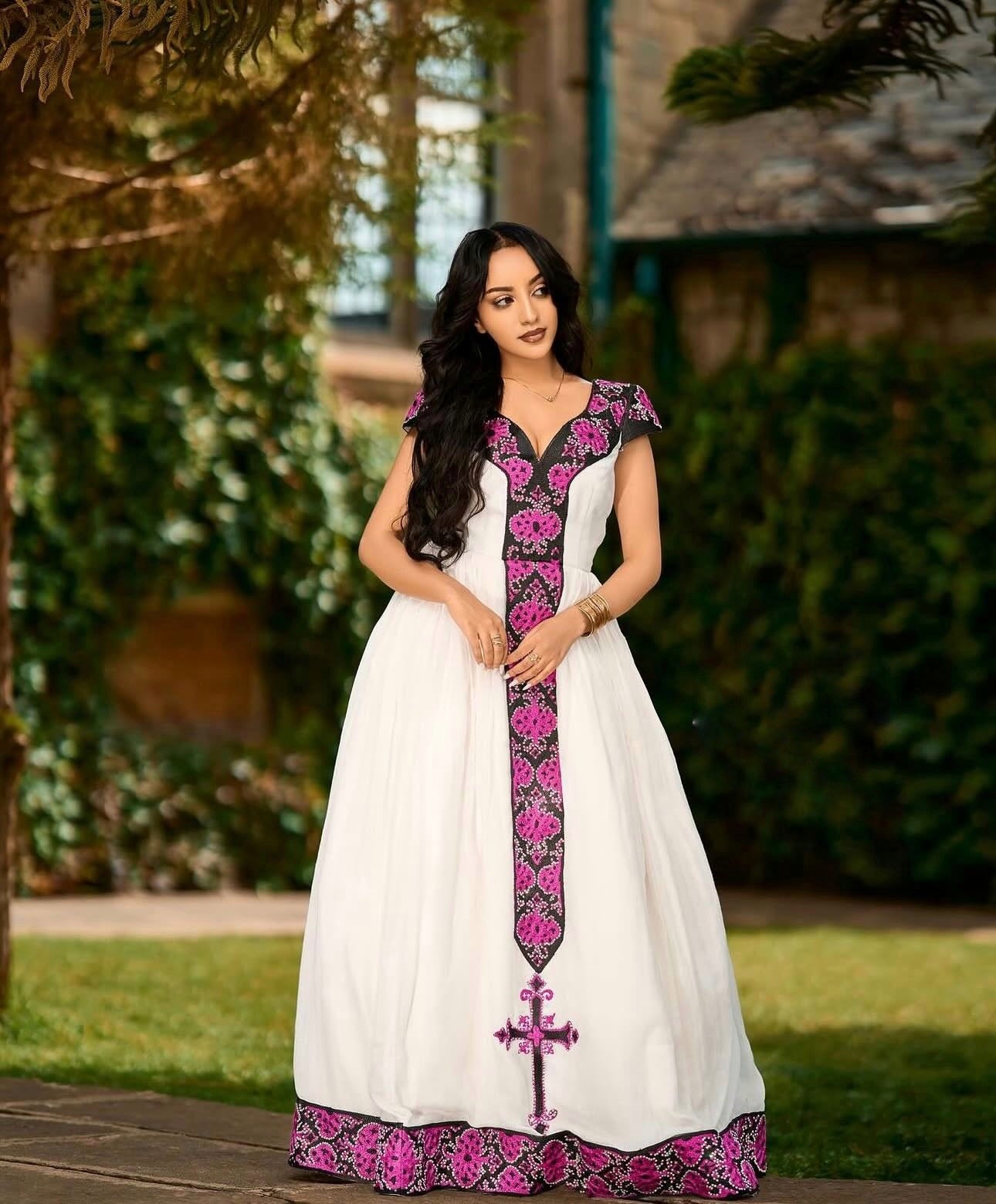 Ethiopian Clothing | Black Purple Habesha Kemis & Habesha Dress Online