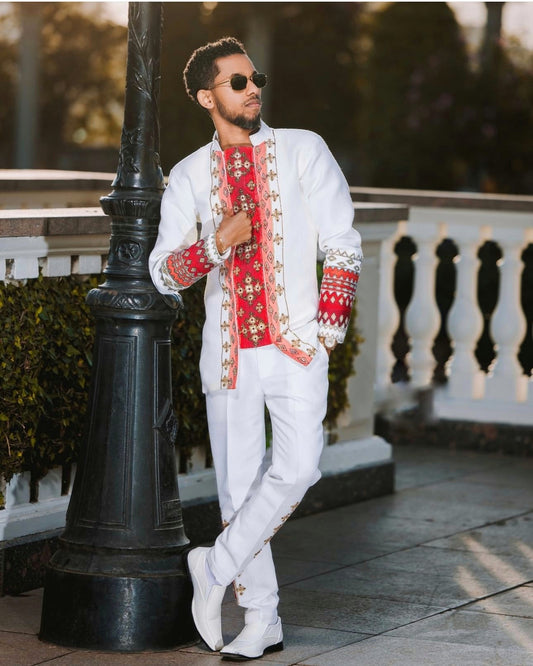 Modern Men’s Traditional Shirt and Pants Set with Elegant Cultural Design Details