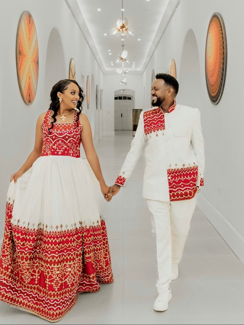 Traditional Couple Attire Red Embroidered Habesha Men’s Set and Women’s Dress 821