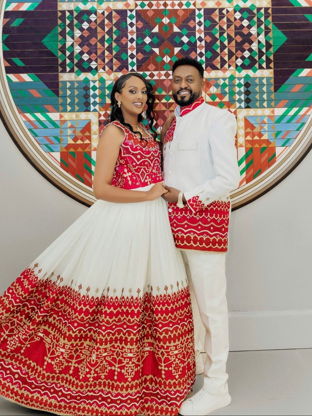 Traditional Couple Attire Red Embroidered Habesha Men’s Set and Women’s Dress 821