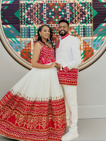 Traditional Couple Attire Red Embroidered Habesha Men’s Set and Women’s Dress 821