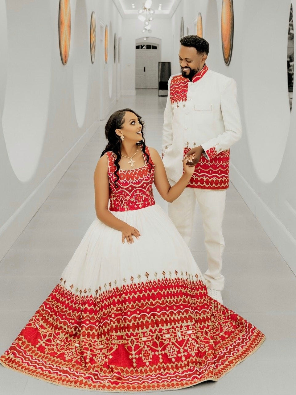 Traditional Couple Attire Red Embroidered Habesha Men’s Set and Women’s Dress 821