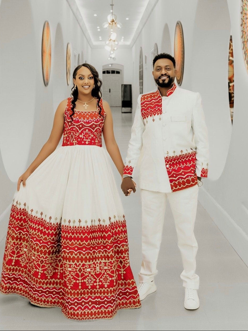 Traditional Couple Attire Red Embroidered Habesha Men’s Set and Women’s Dress