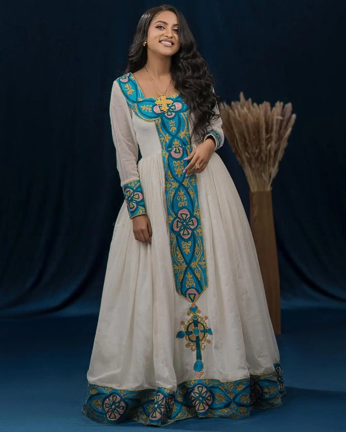 Serene Ivory & Sage Green Handmade Habesha Dress with Siliver Accents