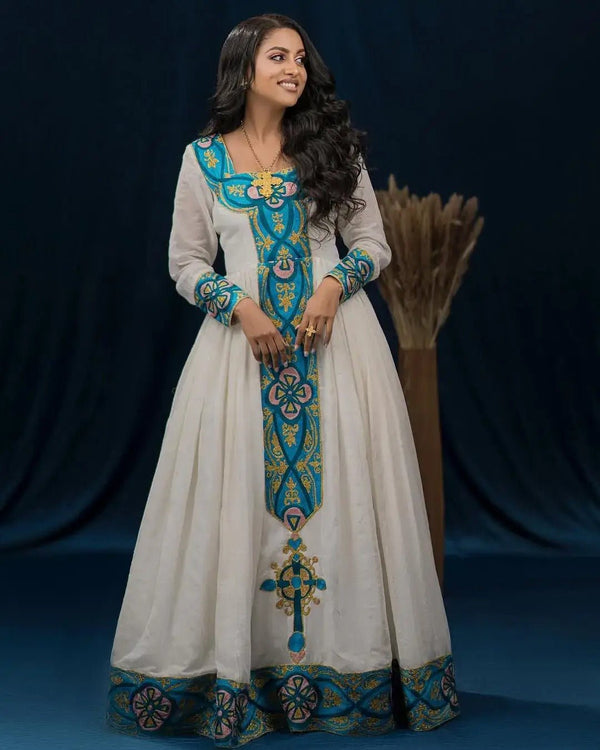 Verdant Green & White Two Piece Habesha Dress with Floral Motifs main image 1