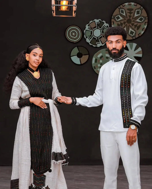 Paradise Unity in Darker Ethiopian Couples Outfit