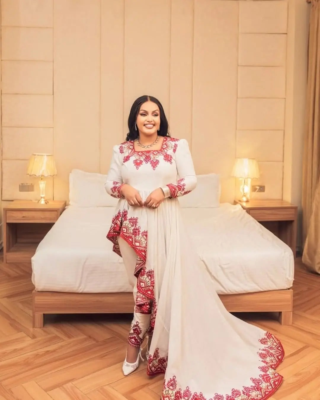 Perfect Blend of Culture and Modernity on Red Habesha Dress: Asymmetric Traditional Ethiopian Dress and Matching Trousers Perfect for Big Events Habesha Kemis