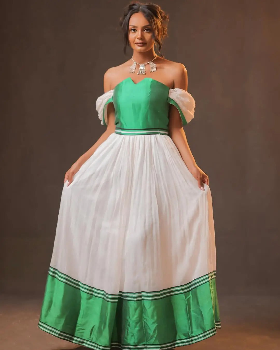 Off Shouldered Bright Green Habesha Dress