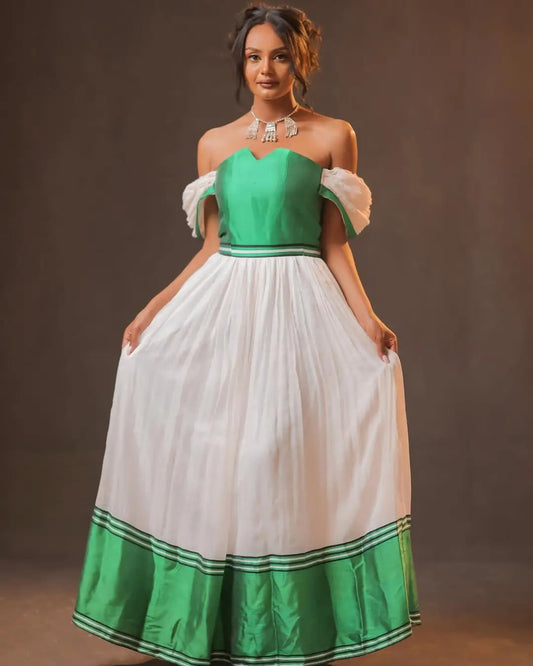 Off Shouldered Bright Green Habesha Dress