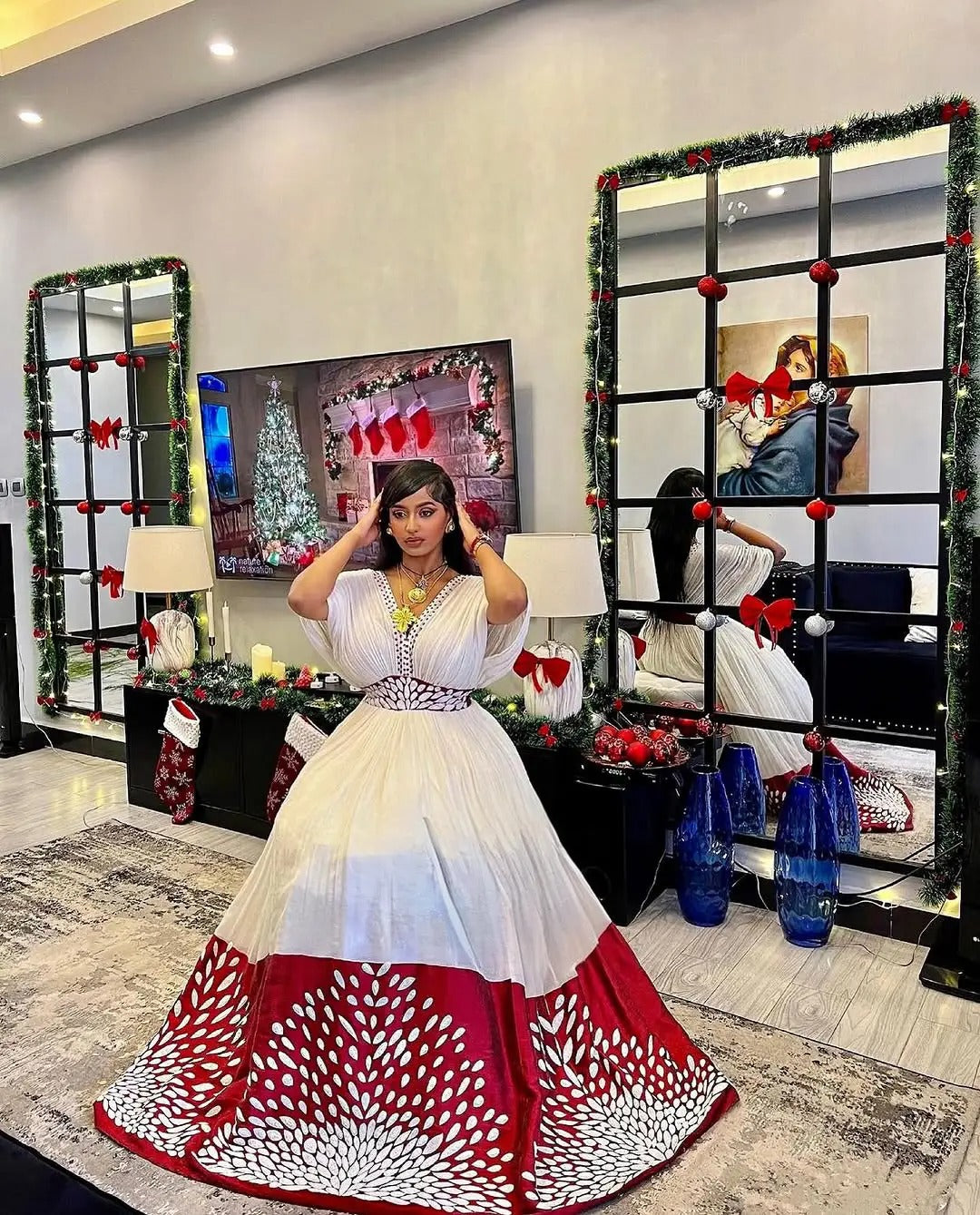 Heavenly Red Traditional Ethiopian Dress: with Snow White Ornaments Habesha Dress Perfect Fit for Any Events Ethiopian Wedding Dress