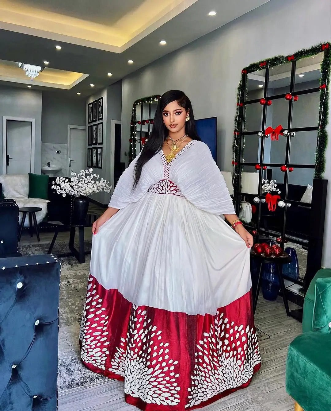 Heavenly Red Traditional Ethiopian Dress: with Snow White Ornaments Habesha Dress Perfect Fit for Any Events Ethiopian Wedding Dress