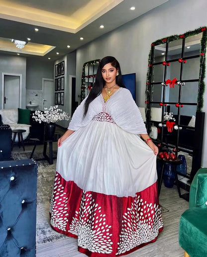 Heavenly Red Traditional Ethiopian Dress: with Snow White Ornaments Habesha Dress Perfect Fit for Any Events Ethiopian Wedding Dress