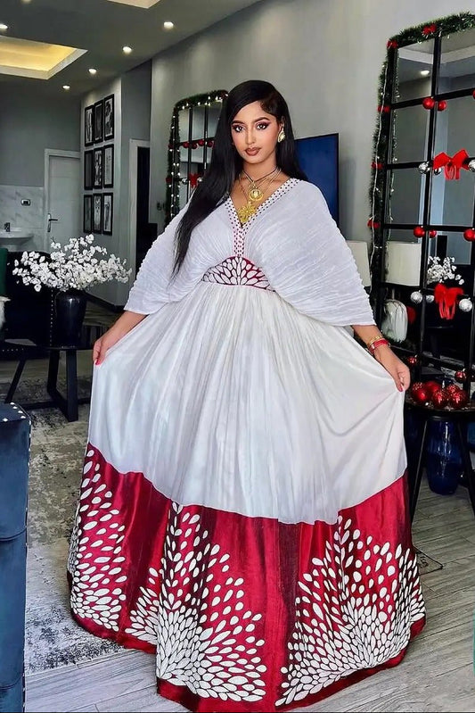 Heavenly Red Traditional Ethiopian Dress: with Snow White Ornaments Habesha Dress Perfect Fit for Any Events Ethiopian Wedding Dress