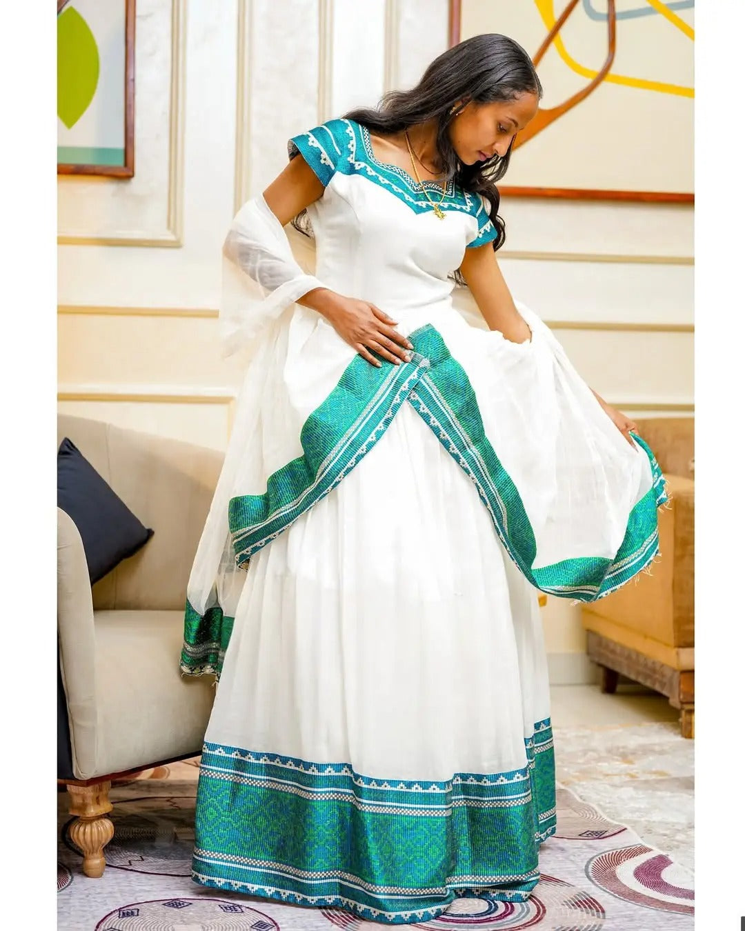 Green Elegance with Traditional Ethiopian Dress