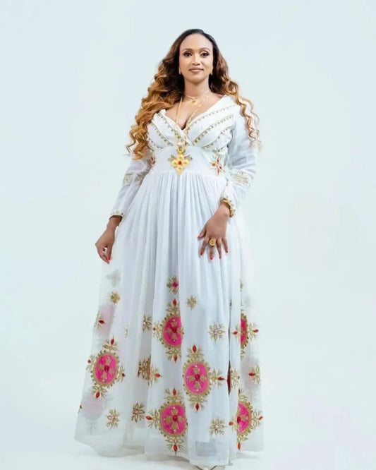Appealing Red Traditional Ethiopian Dress: with Golden Cultural Patterns Habesha Dress Modern Habesha Kemis
