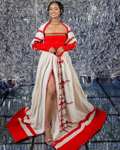 Majestic Modern Red Traditional Ethiopian Dress: Daring High Slit Habesha Dress Contemporary Habesha Kemis