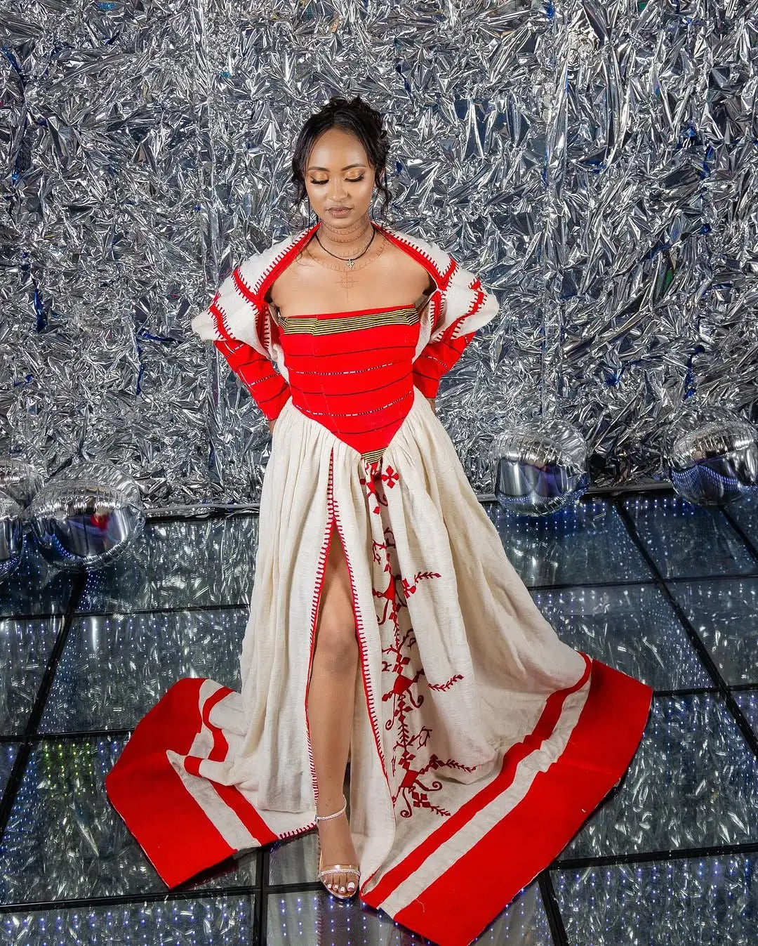 Majestic Modern Red Traditional Ethiopian Dress: Daring High Slit Habesha Dress Contemporary Habesha Kemis