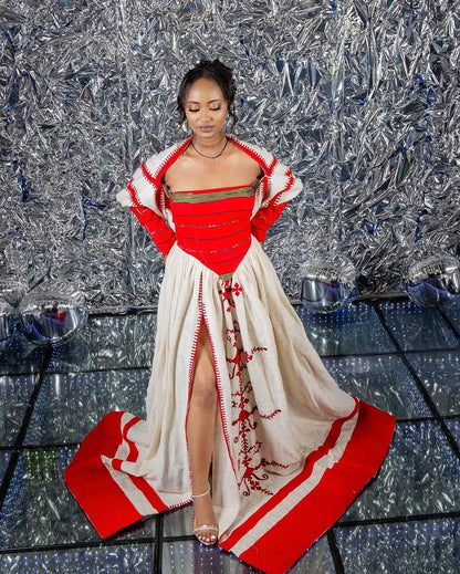 Majestic Modern Red Traditional Ethiopian Dress: Daring High Slit Habesha Dress Contemporary Habesha Kemis