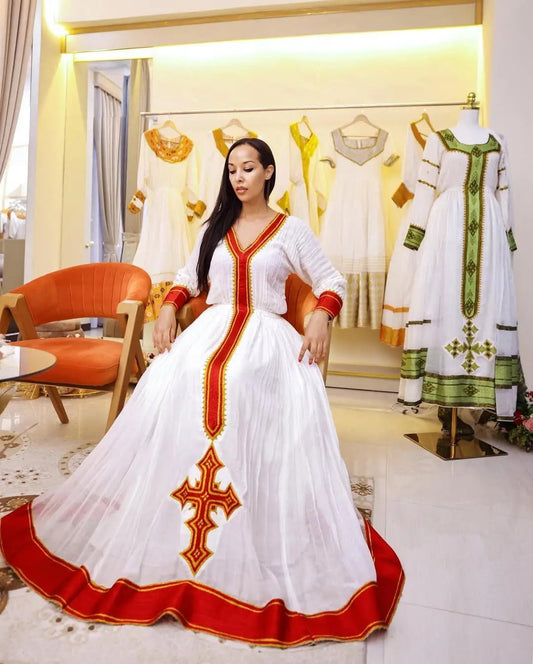Elegant Cross Stitched Orange Habesha Dress