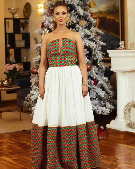 Appealing Red and Green Chess Habesha Dress