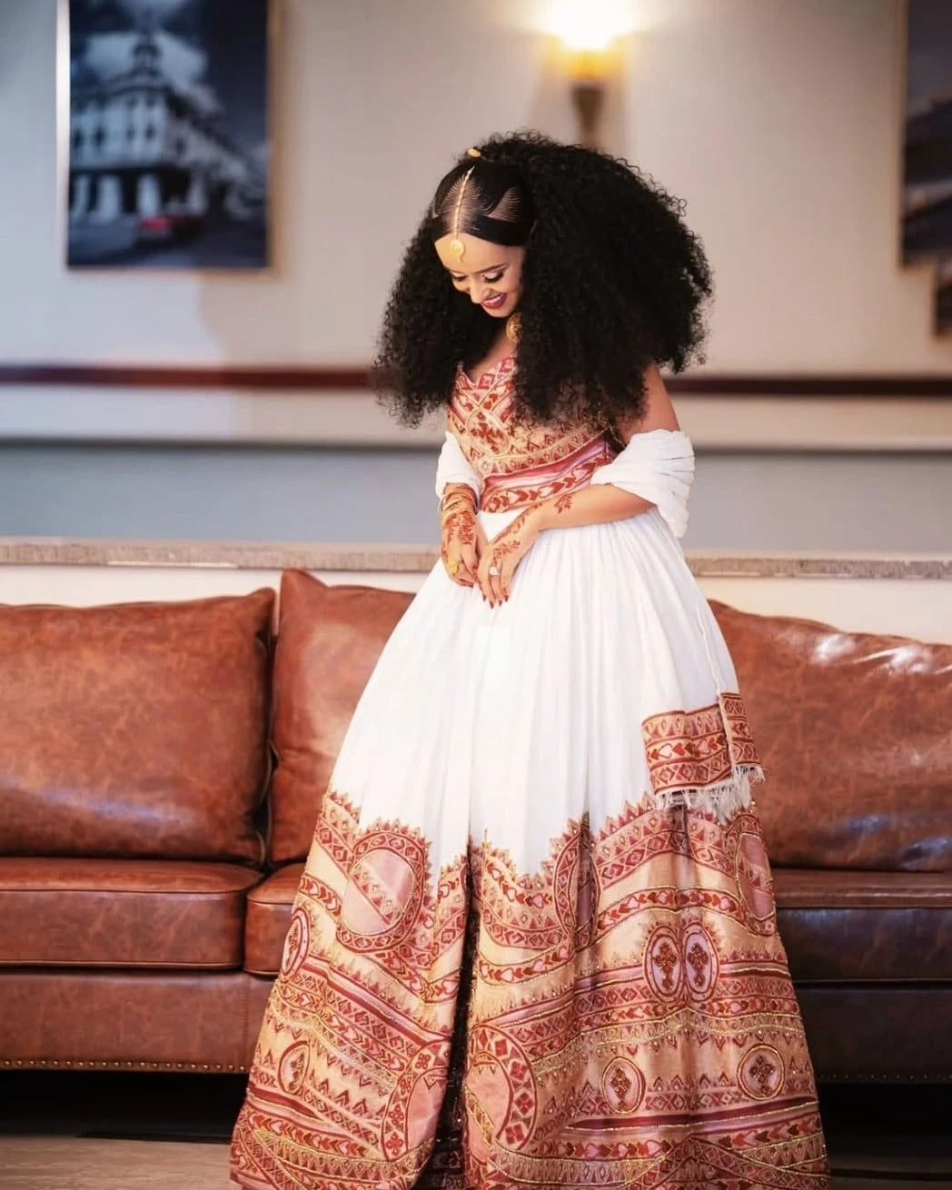 Blazing Hot Red Habesha Wedding Dress: Intricate Wide Embroidery on Traditional Ethiopian Wedding Attire