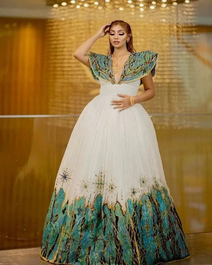 Graceful Wedding Dress with Green Tibeb & Shawl – Ethiopian Habesha Dress main image 1