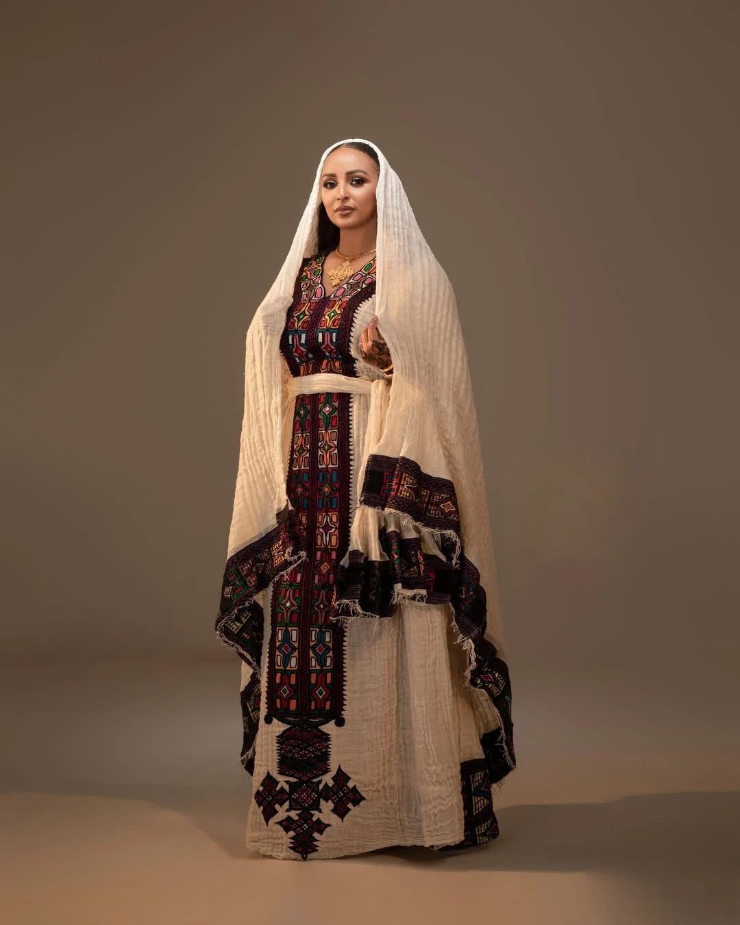 Ageless Dark Embroidered Traditional Dress: with Beige Cultural Fabric Ethiopian Dress Timeless Beauty in Eritrean Dress