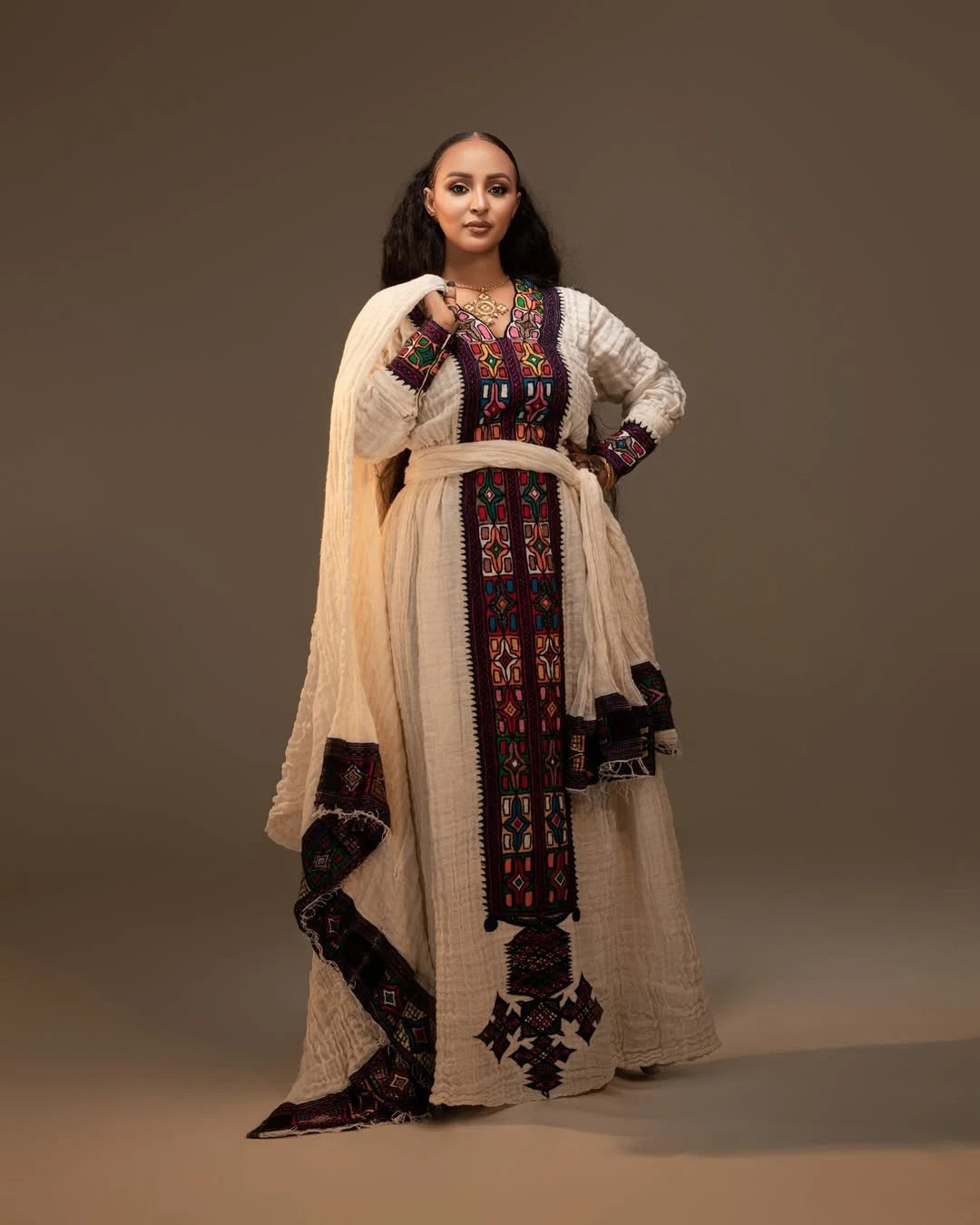 Ageless Dark Embroidered Traditional Dress: with Beige Cultural Fabric Ethiopian Dress Timeless Beauty in Eritrean Dress