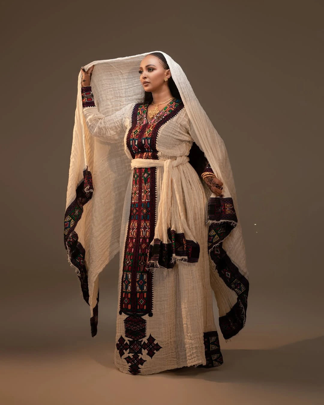 Ageless Dark Embroidered Traditional Dress: with Beige Cultural Fabric Ethiopian Dress Timeless Beauty in Eritrean Dress