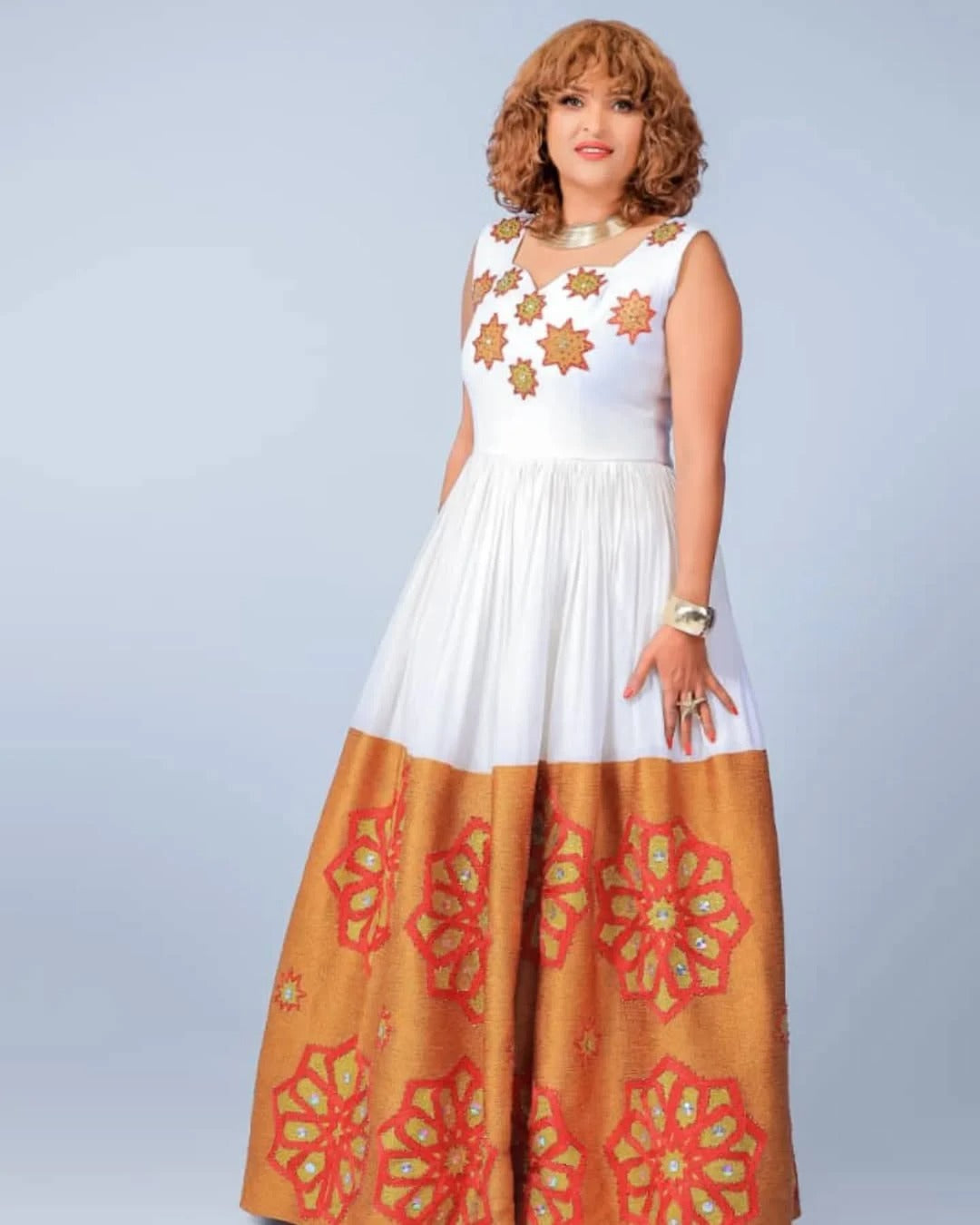Marvelous Orange Ethiopian Dress: with Red and Yellow Flowery Designs Habesha Dress for Graceful Look Traditional Dress