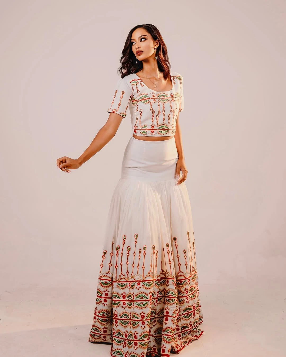 Stylish Red Ethiopian Top and Skirt Set