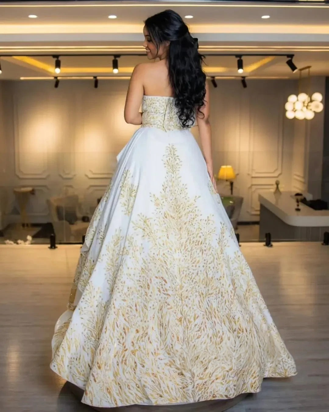 Off-Shoulder Habesha Bridal Dress: Crystal Embellishments & Flowing Train